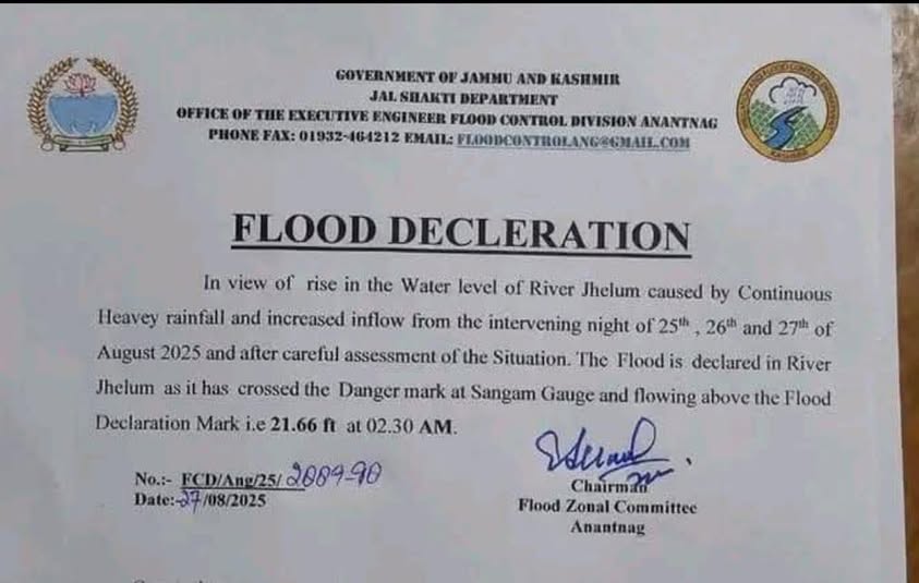 Jhelum River Declared in Flood: Kashmir on Alert After Days of Rainfall